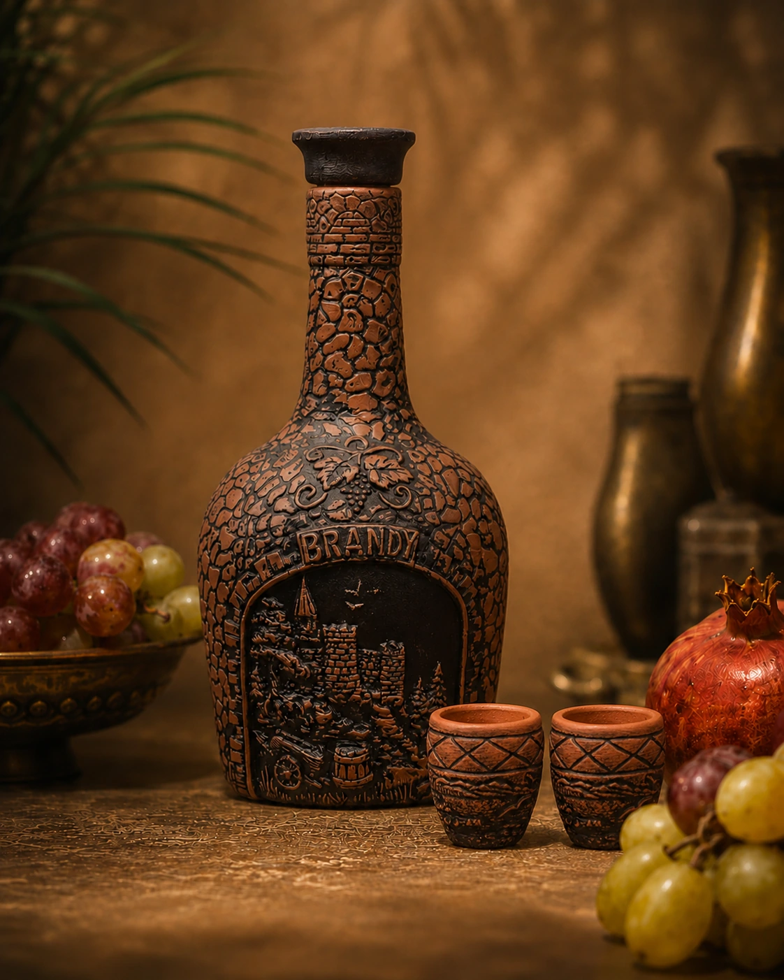 nabor-brendi-ryumki-tradicionnye-scena-1 Керамический набор для бренди из глины с рюмками — изображение 1
